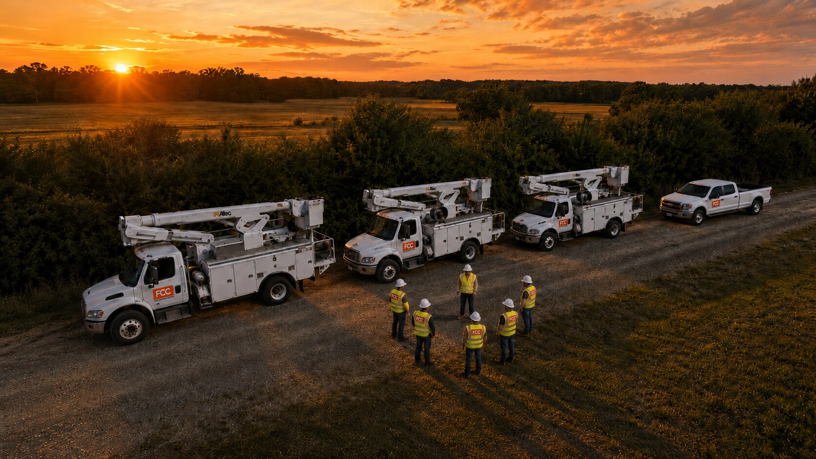 FCC aerial crews running strand placement, lashing, and pole work on a multi-span build.