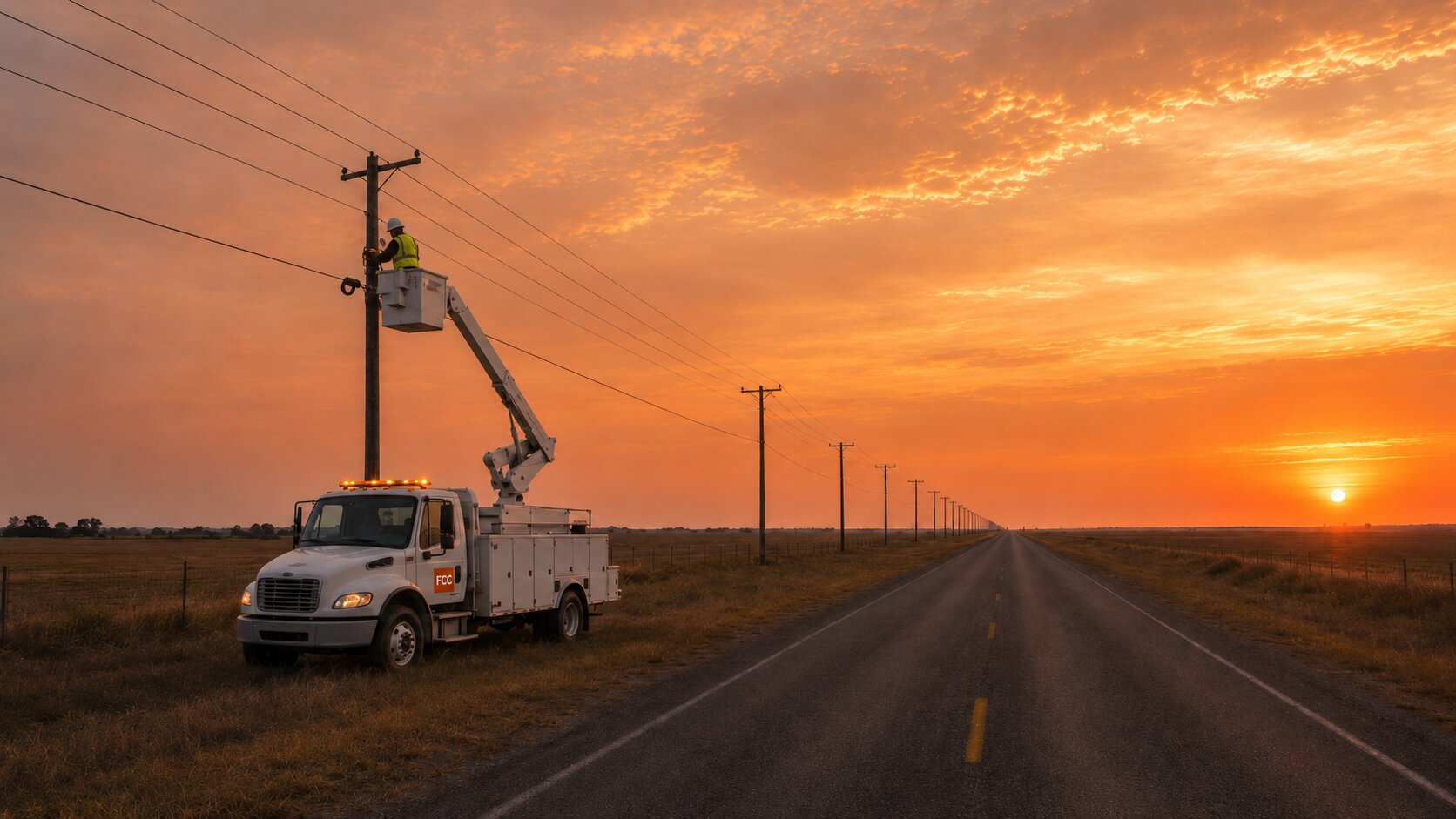 FCC aerial crew running strand placement on a multi-span build